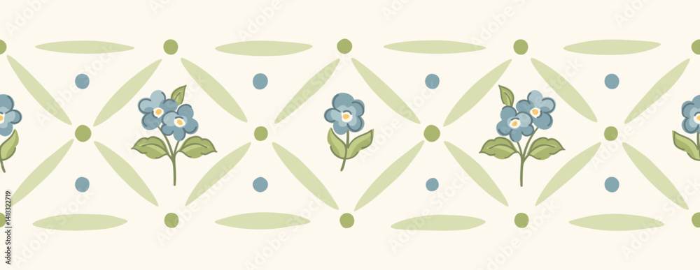 Vintage floral trellis border with forget me nots and geometric diamond trellis. Spring garden design for timeless textiles and cottagecore stationery.