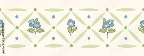 Vintage floral trellis border with forget me nots and geometric diamond trellis. Spring garden design for timeless textiles and cottagecore stationery.