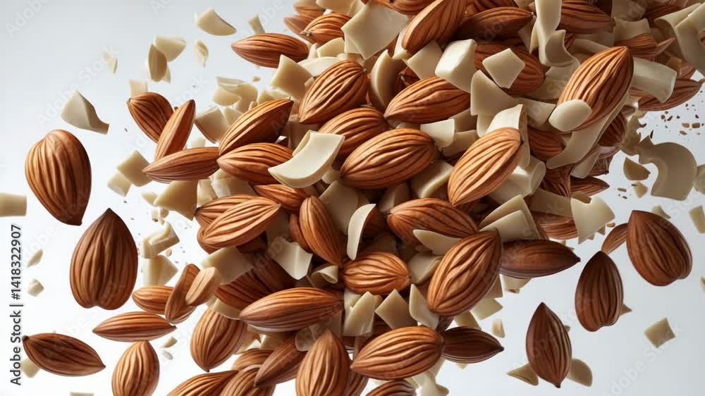 Flying almonds in the air, both whole and cut, isolated on a white background with a torn concept in close-up, high resolution video