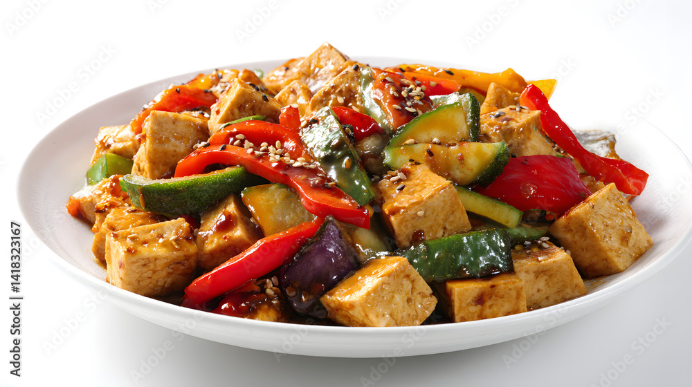 Colorful Stir-Fried Tofu with Vegetables and Sesame Seeds in a White Plate Colorful Stir-Fried Tofu with Vegetables and Sesame Seeds in a White Plate