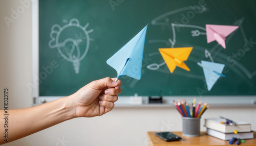 Hand holding a paper airplane in a classroom against a chalkboard  