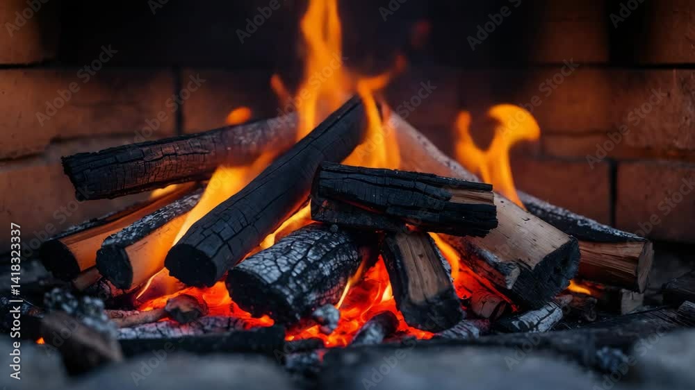 Fireplace featuring partially burned firewood with a blazing fire