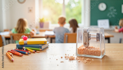 Children sitting at desks using colored pencils by a window  