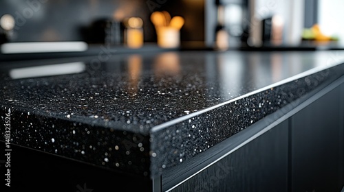 Sleek, modern kitchen countertop, featuring a dark, speckled stone surface