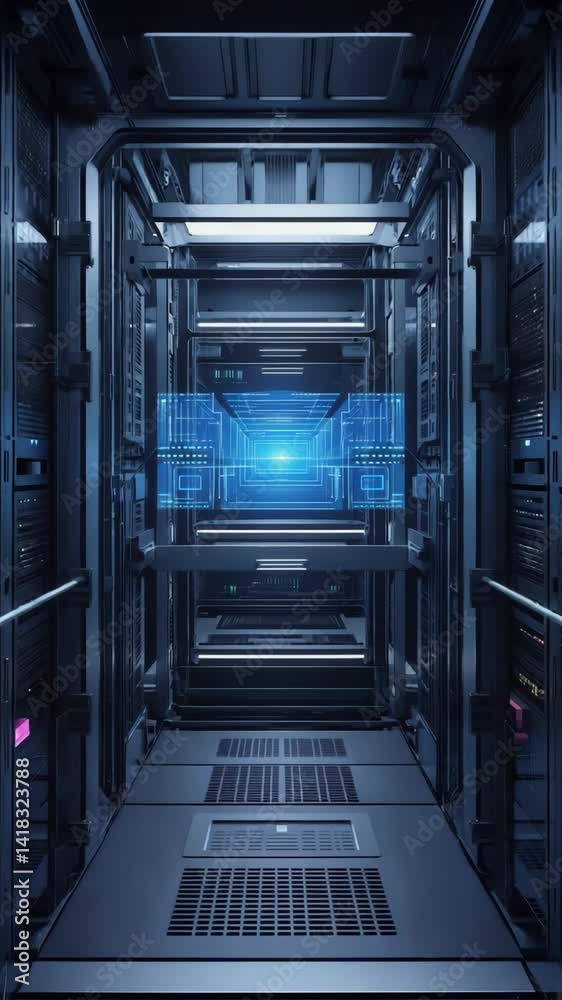 Futuristic server room with data transfer visualization, advanced technology and modern dark blue design, abstract concept Futuristic server room with data transfer visualization, advanced technology and modern dark blue design, abstract concept