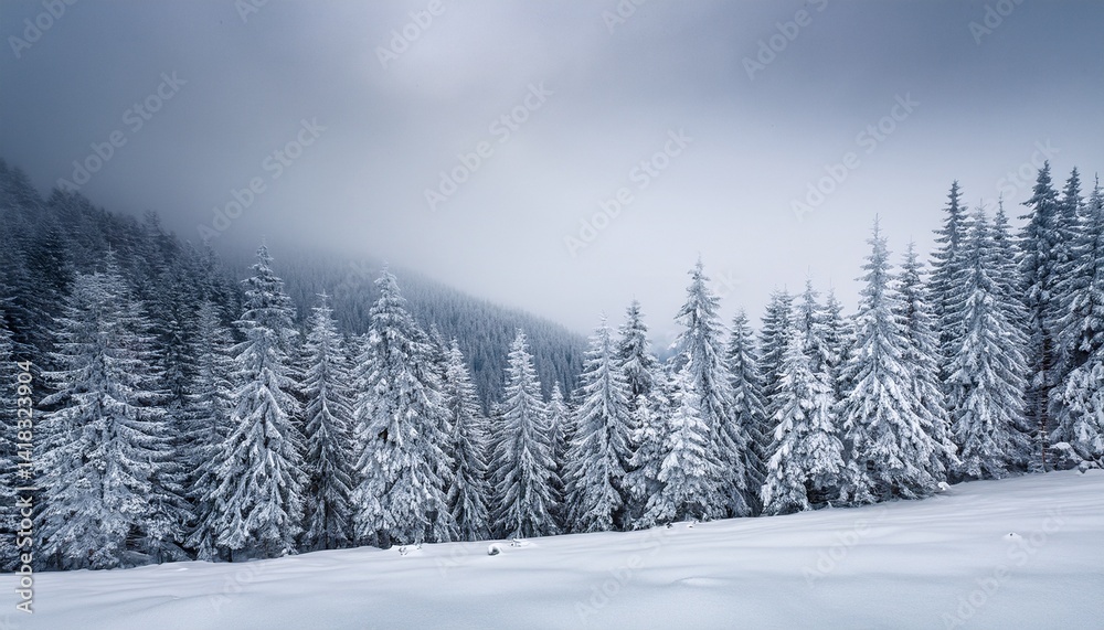 Fototapeta premium Frozen snow covered fir forest after snowfall and gray sky in haze at winter day Carpathian Mountains Ukraine