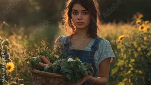 Young Woman Holding Basket with Fresh Vegetables in Rural Field