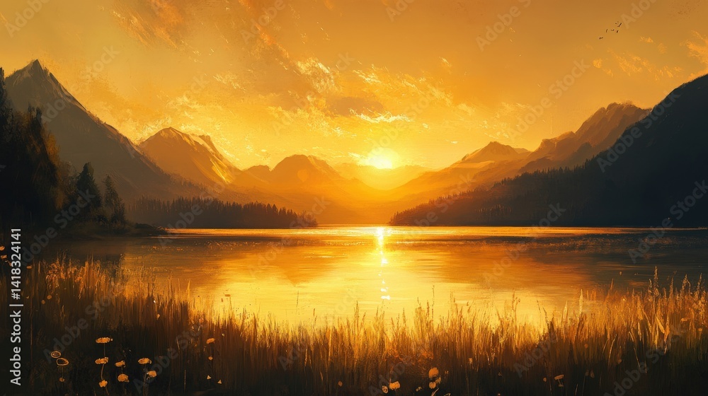 Obraz premium A beautiful scenic landscape displays a sunset over a calm lake