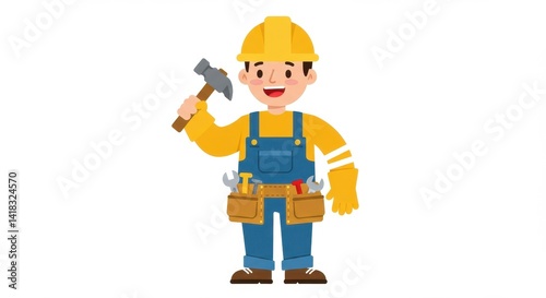Happy handyman cartoon illustration construction worker with tools
