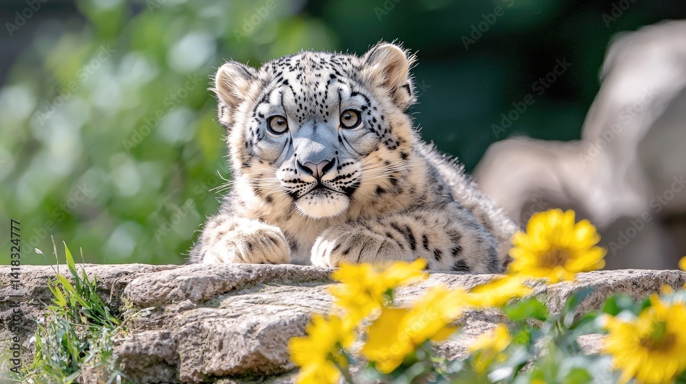 Naklejka premium Adorable snow leopard cub with sunflowers captivating wildlife portrait