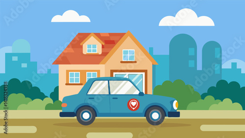 A car with a Neighborhood Watch sticker visible on the window driving around the neighborhood and keeping a watchful eye.. Vector illustration