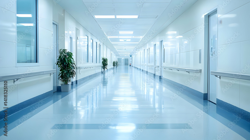 Fototapeta premium Empty Hospital Corridor With Reflective Floor And Bright Lighting