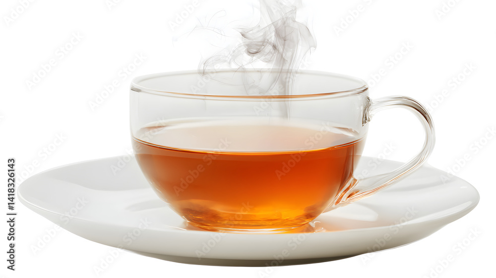 A Steam Rising from a Transparent Cup of Hot Tea on a White Plate Isolated on a White Background A Steam Rising from a Transparent Cup of Hot Tea on a White Plate Isolated on a White Background