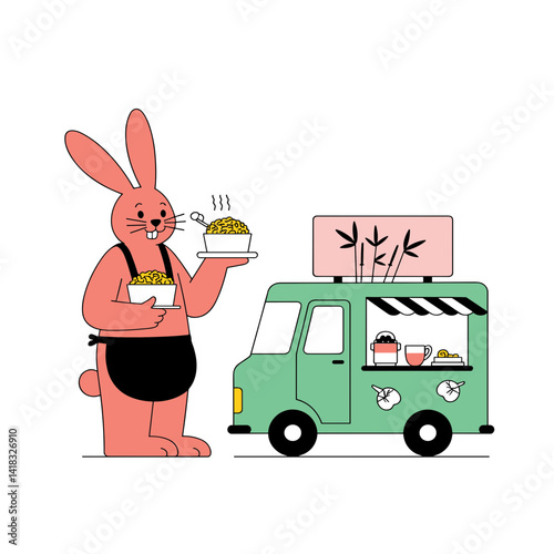 Coral rabbit serving fried rice beside jade-green food truck with bamboo design, playful culinary theme for blogs and presentations