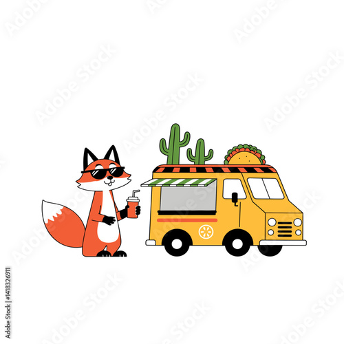 Charming fox in sunglasses enjoying tacos by vibrant food truck with cacti, playful illustration for food-related blogs and stationery design