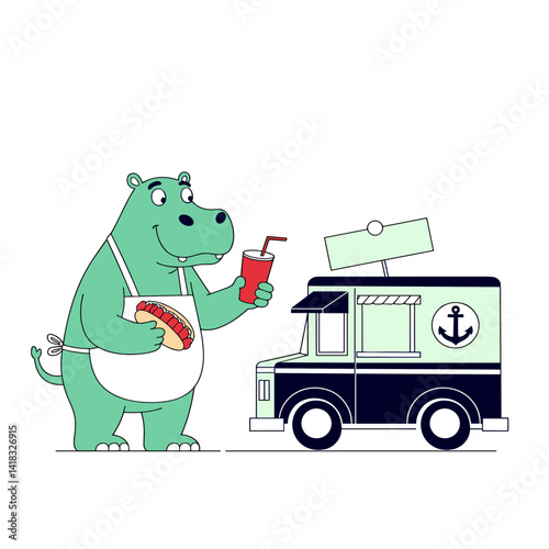 Hippo character enjoying lobster roll and cola beside seafood food truck, vector art illustration