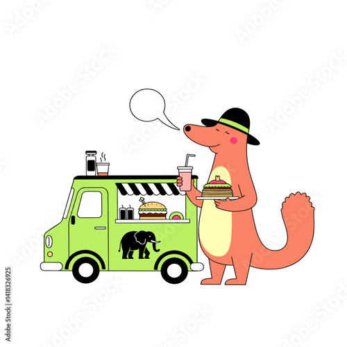 Peach platypus in hat enjoying pad thai and soda by vibrant Thai food truck with elephant design, ideal for food blog illustrations