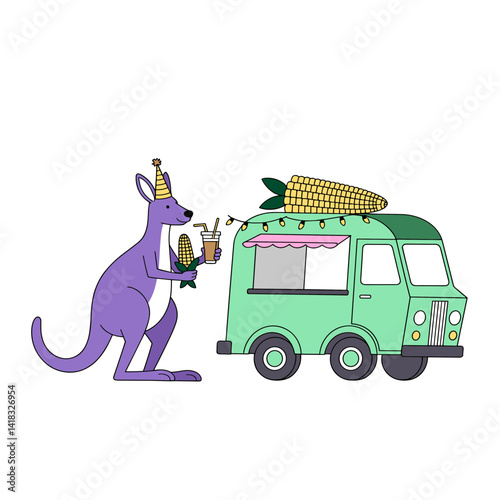 Lavender kangaroo celebrating near festival food truck, holding iced tea and corn on the cob