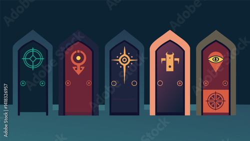 A row of mysterious doors with unique symbols etched into each one representing the dreamers choices and opportunities in the dream world.. Vector illustration