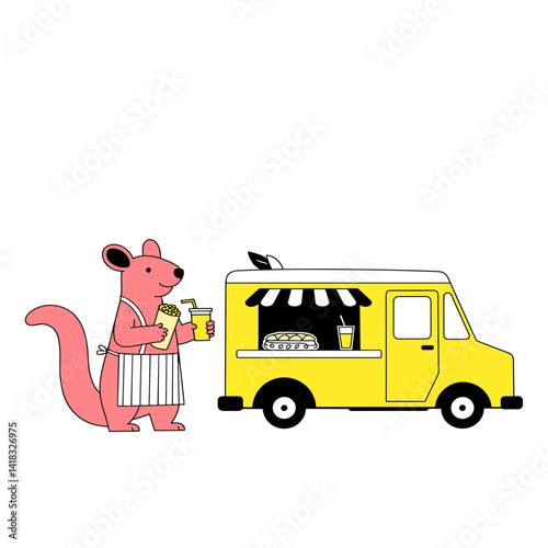Cute pink armadillo serving smoothies and snacks at vibrant food truck, playful illustration for culinary content