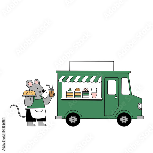 Gray mouse vendor holding bao buns and iced tea next to jade green food truck, suitable for culinary blogs and promotional materials