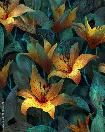 Floral artwork showcasing striking yellow lilies against a background of lush green leaves, perfect for bringing nature indoors.