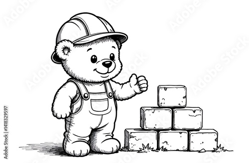 Coloring book. Linear black and white drawing. A teddy bear in overalls and a construction helmet stands near an unfinished brick wall. The background is white