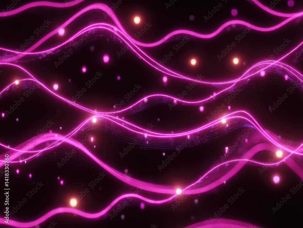 Fototapeta premium Magenta waves of light flow through a dark expanse, dotted with luminous spheres, creating a dreamlike, vibrant scene.