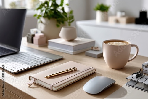 An aesthetically pleasing desk setup featuring elegant stationery, a stylish notebook, and plants, offering tranquility and inspiration for writers and creatives alike.