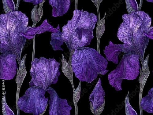 A captivating pattern of purple iris flowers in full bloom, showcasing delicate petal textures against a solid black backdrop.