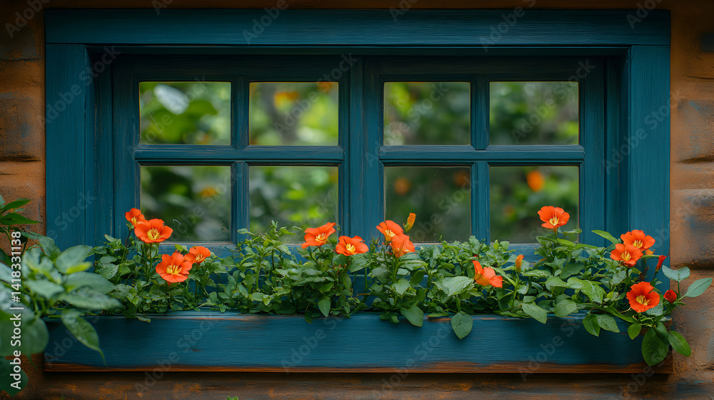 Vibrant orange flowers bloom in a window box below a charming teal window, creating a picturesque scene of natural beauty. Vibrant orange flowers bloom in a window box below a charming teal window, creating a picturesque scene of natural beauty.