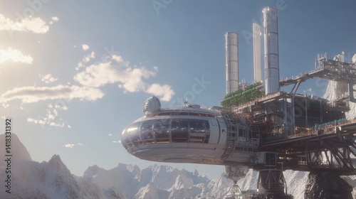 Futuristic Research Station on Mountain Peak with Snowy Landscape
