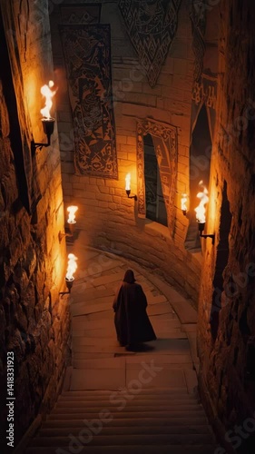 Dark mysterious hooded figure ascends stone staircase in medieval castle corridor lit by flickering torches and adorned with aged tapestries