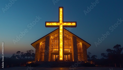 Illuminated Christian church structure at twilight.