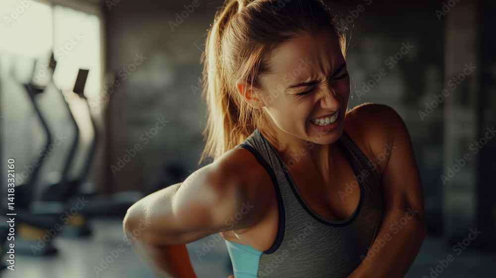 Obraz premium A sporty woman in tight activewear gently holds her back in slow motion, wincing in pain after a gym session, symbolizing muscle strain, injury awareness, and health care back pain