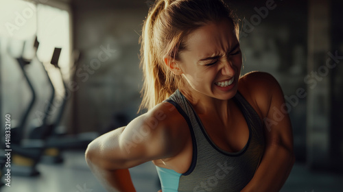 A sporty woman in tight activewear gently holds her back in slow motion, wincing in pain after a gym session, symbolizing muscle strain, injury awareness, and health care back pain