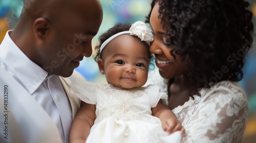 A serene baptism moment as a baby girl in a flowing white christening gown is cradled gently by her godparents, capturing the beauty of faith, family, and spiritual beginnings baby