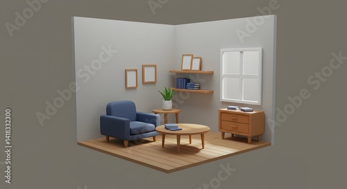 A cozy miniature living room with blue armchair and wooden furniture in a minimalist style setting