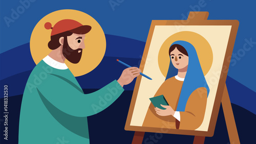 A student delicately paints the portrait of Mary and Joseph inspired by the birth of Jesus described in Luke 2.. Vector illustration