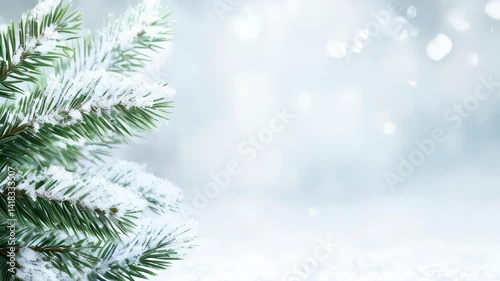 Festive snow-covered pine branch setting for Christmas and New Year celebration