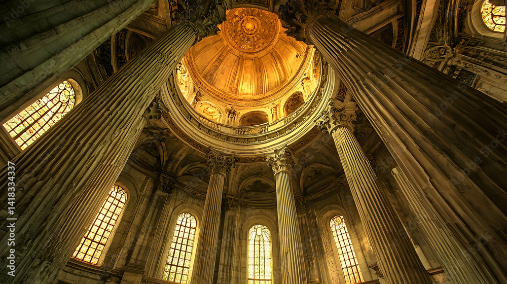 Obraz premium Grand Interior Of An Old Church With Golden Light