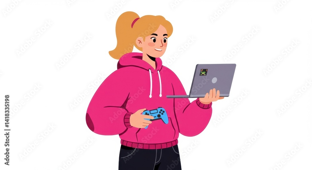 Young woman playing video games online on laptop illustration Young woman playing video games online on laptop illustration