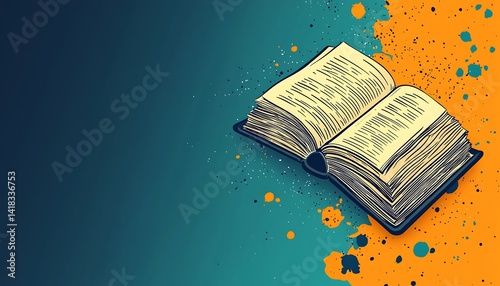 Open book illustration on a teal and orange background.