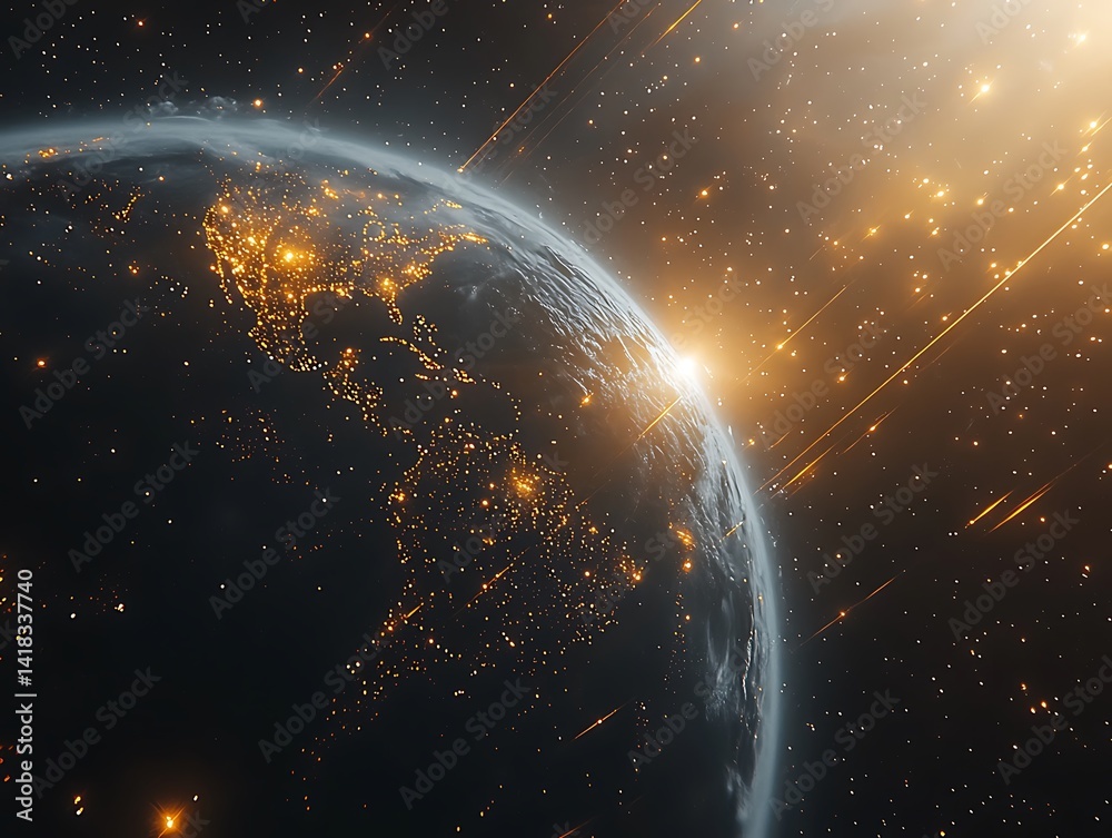 Obraz premium Earth illuminated by a celestial sunrise.