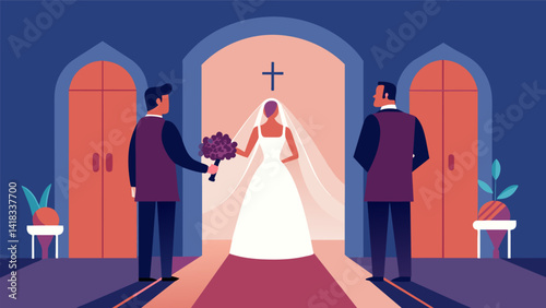 As the final touches are made the door to the chapel opens and the bride takes a deep breath ready to walk down the aisle and say I do.. Vector illustration