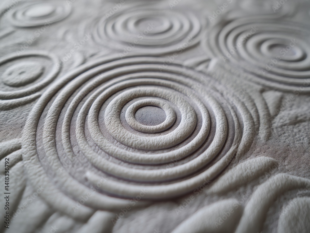 Naklejka premium Circular Pattern Fabric: Close-up of a soft, textured fabric with concentric circular designs. Serene and calming visual. Great for backgrounds.
