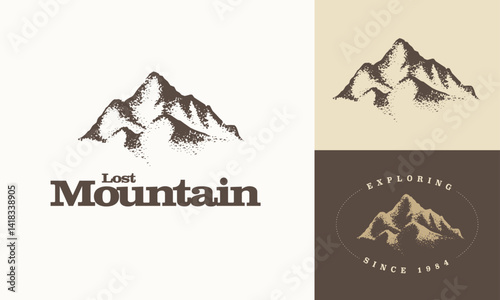 Logotipo de montaña vintage: emblema rústico de aventura al aire libre para marcas de viajes, senderismo o exploración.