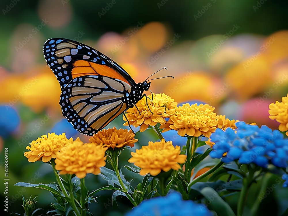 Obraz premium Vibrant monarch butterfly on colorful flowers.