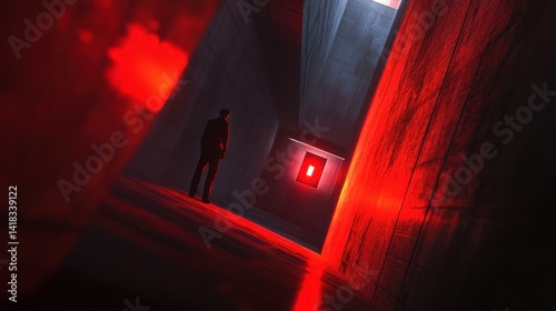 Man Standing in Dark Concrete Hallway with Red Light and Shadow