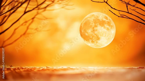 Majestic full moon rising over serene landscape during vibrant sunset
